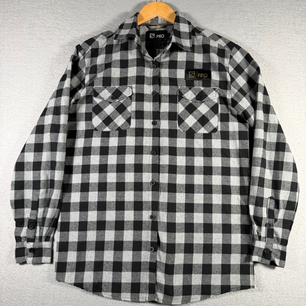 Salomon S/PRO Mens Flannel Shirt Large Black Grey Buffalo Plaid Button‎ Down L